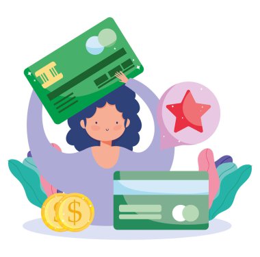 Çevrimiçi ödeme, banka kartı ve parası olan kız, ecommerce market alışverişi, mobil uygulama