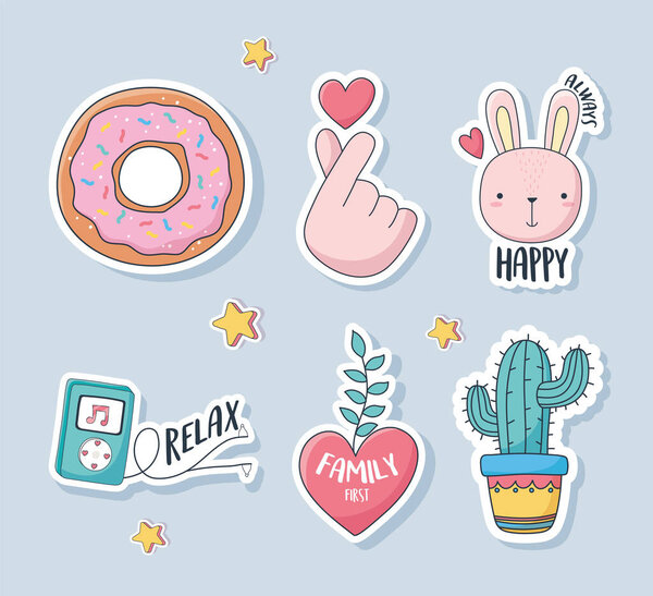 cute donut rabbit heart cactus mp3 music love stuff for cards stickers or patches decoration cartoon