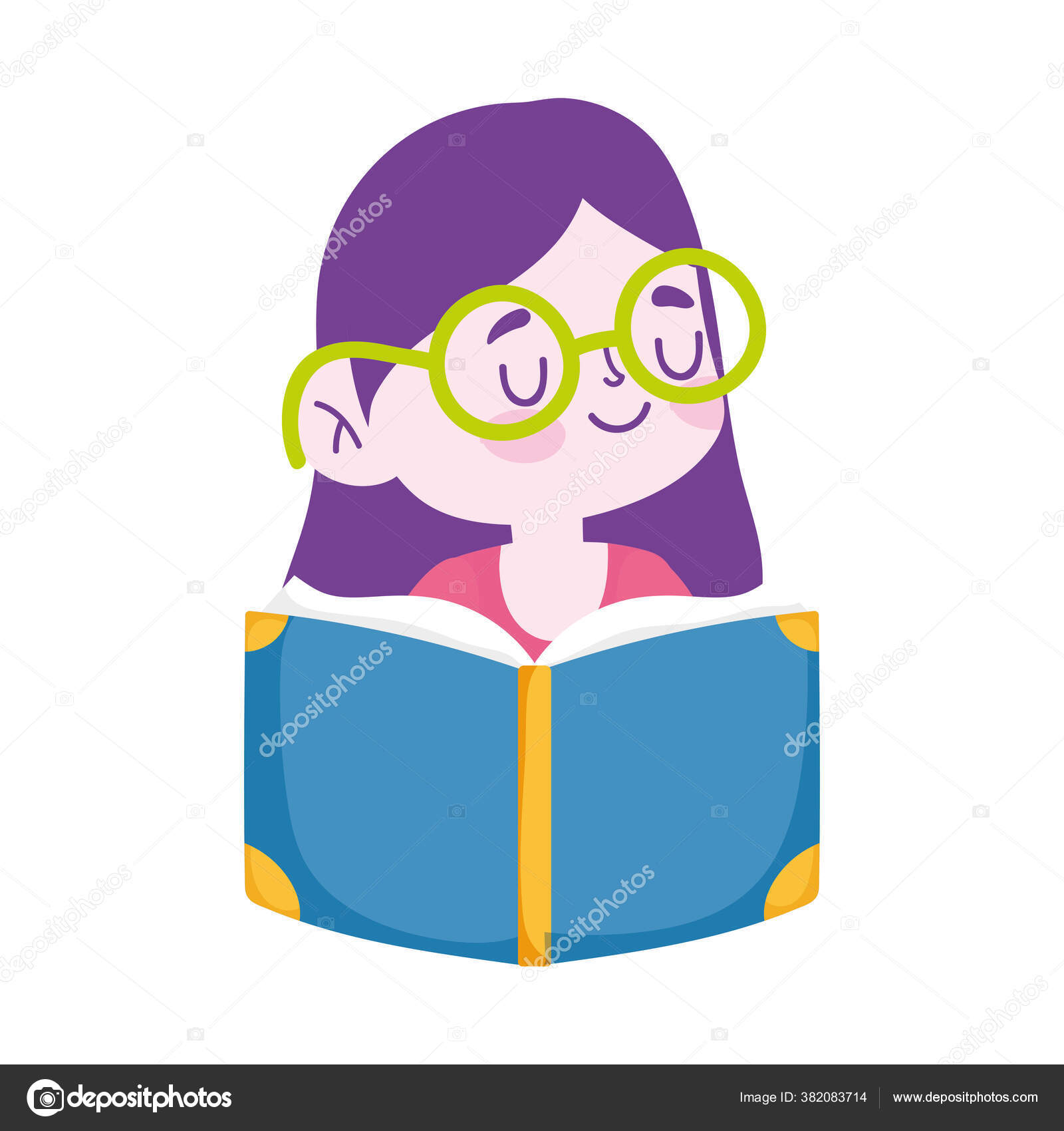 Gadis Kecil Dengan Kacamata Membaca Buku Karakter Kartun Yang Terisolasi Ikon Stok Vektor Stockgiu 382083714