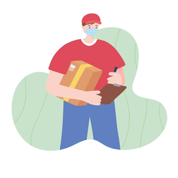 thank you essential workers, delivery man with box and clipboard, professional character wearing face mask