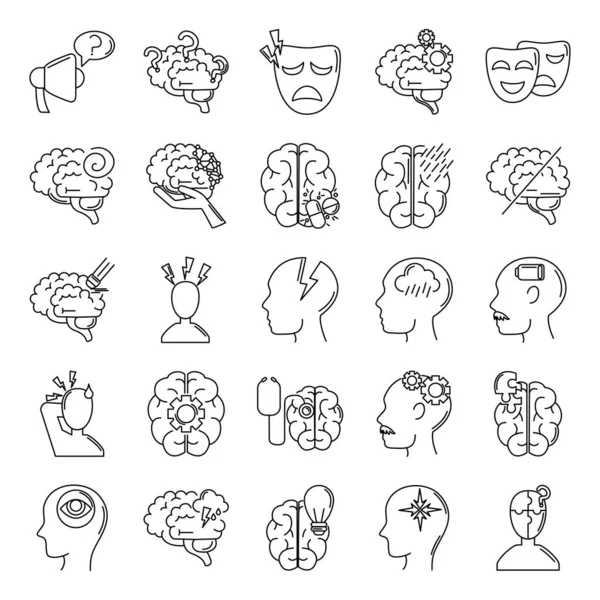 Enfermedad de Alzheimer, disminución de la capacidad mental humana iconos establecer estilo de línea — Vector de stock