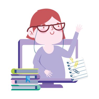 Çevrimiçi eğitim, bilgisayar öğretmeni kitaplar ve kağıt karikatür ile