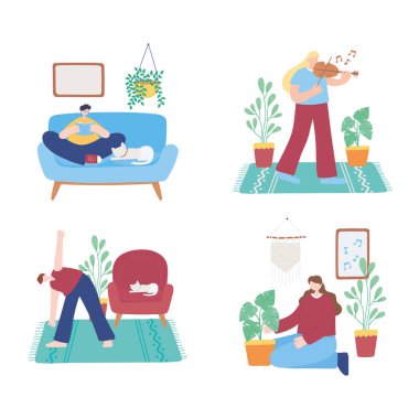 İnsanlar farklı aktiviteler, kişisel izolasyon, koronavirüs karantinası.