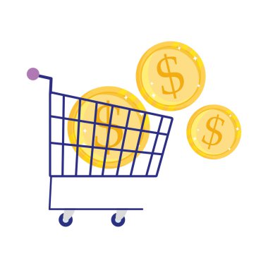 Çevrimiçi ödeme, bozuk paralar alışveriş arabası, ecommerce market, mobil uygulama