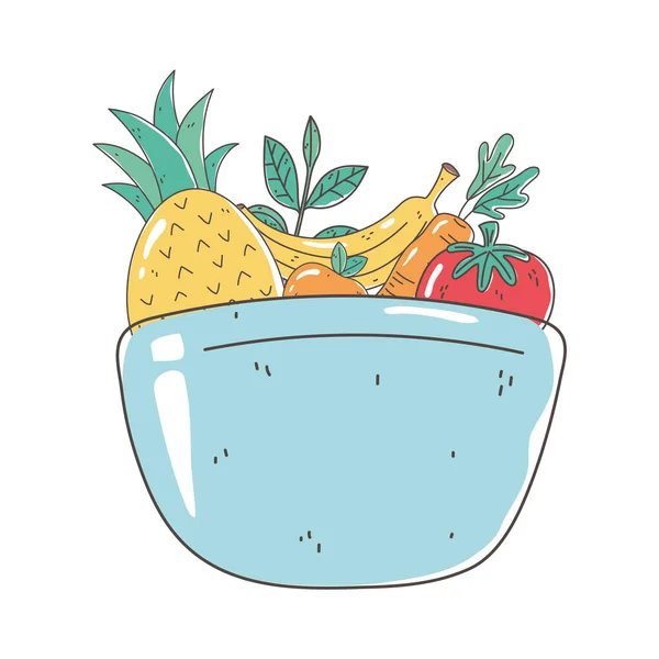 Skål med frukt och grönsaker färsk näring hälsosam mat isolerad ikon design — Stock vektor