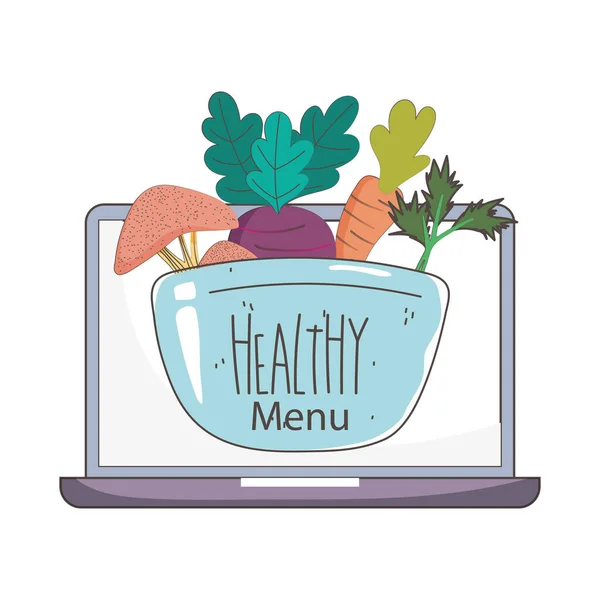 Tigela laptop com legumes e frutas mercado fresco alimentos orgânicos saudáveis —  Vetores de Stock