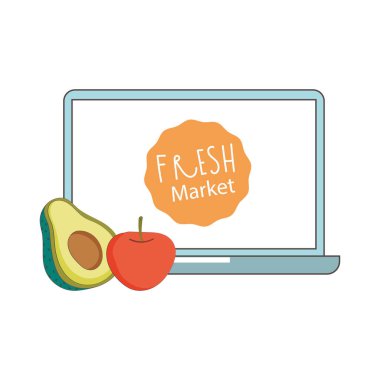 laptop avokado ve elma taze pazar organik sağlıklı gıda sebze ve meyve