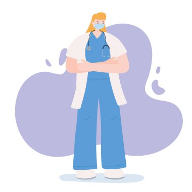 Teşekkürler işçi konsepti, steteskoplu kadın doktor, yüz maskesi takan profesyonel karakter.