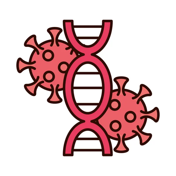 Covid 19 coronavirus prevence, virus molekuly DNA, šíření epidemie pandemické linie a výplň stylu ikony — Stockový vektor