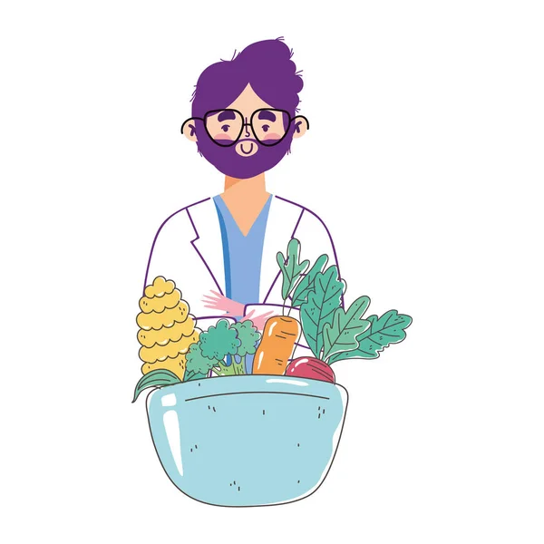 Dietický lékař čerstvé tržní misky organické zdravé potraviny s ovocem a zeleninou — Stockový vektor