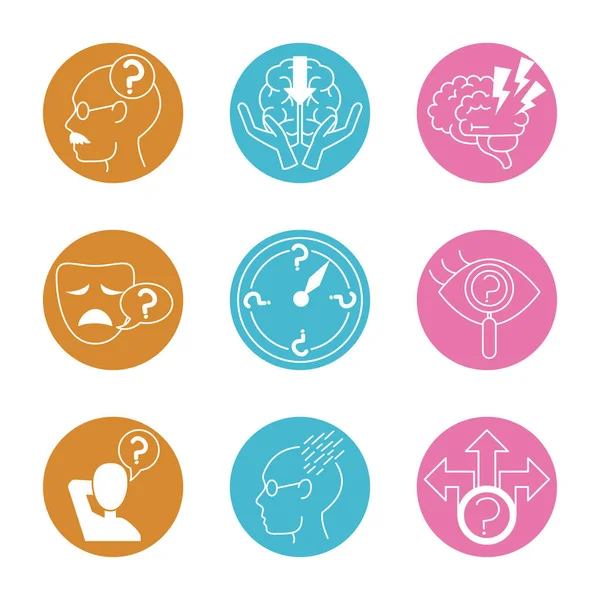 Alzheimer disease, decrease in mental human ability icons set line style — Stock Vector