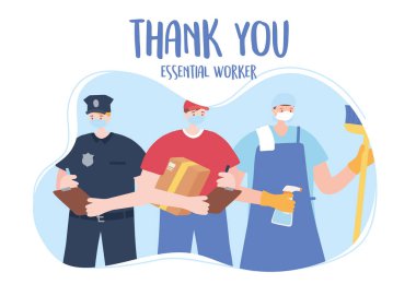 Teşekkürler gerekli işçiler, grup polis memuru teslimatı ve temizleyici, yüz maskesi takıyorlar, çeşitli meslekler, koronavirüs kovid 19 hastalığı