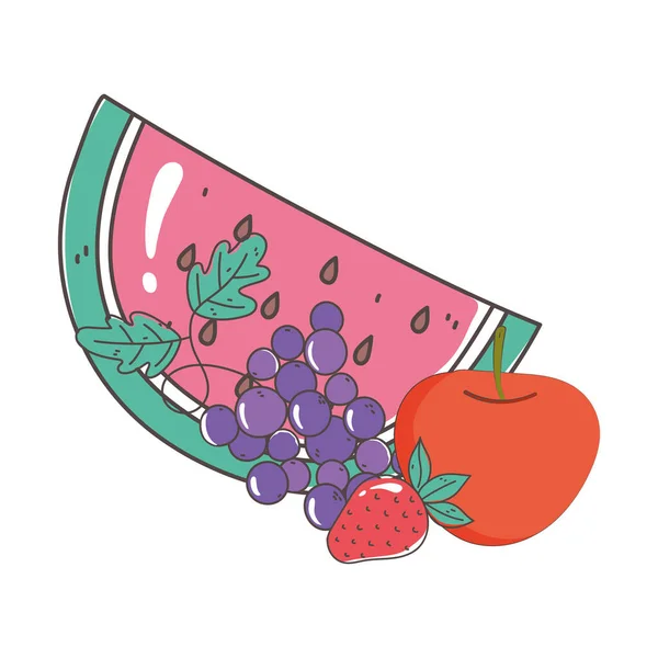 Uvas de melancia maçã e morango mercado fresco alimentos orgânicos saudáveis vegetais e frutas — Vetor de Stock