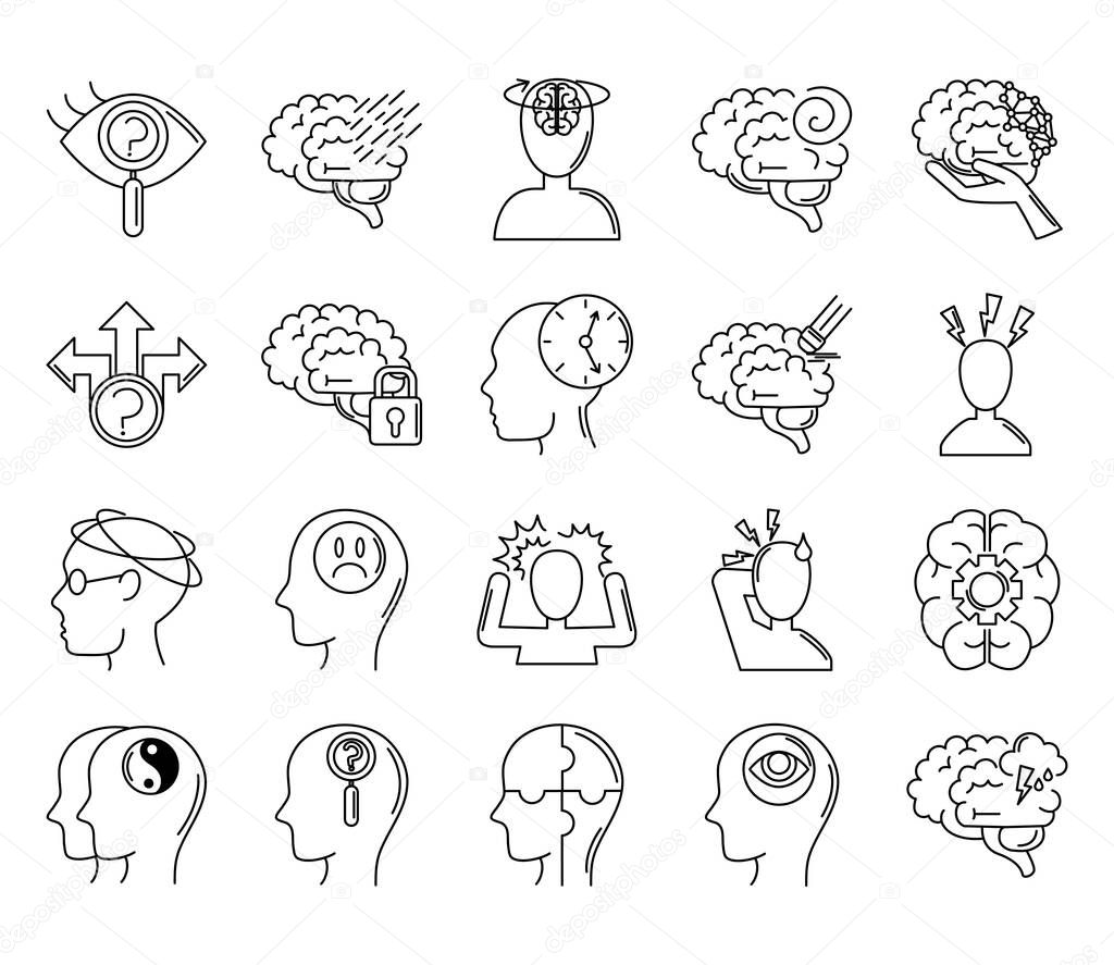 alzheimer disease, decrease in mental human ability icons set line style