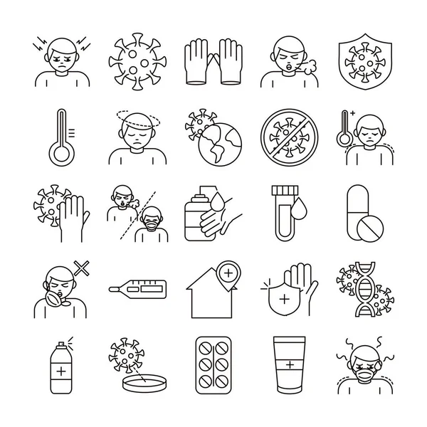 Covid 19 prevención del coronavirus, propagación de brote pandemia estilo línea iconos conjunto — Archivo Imágenes Vectoriales