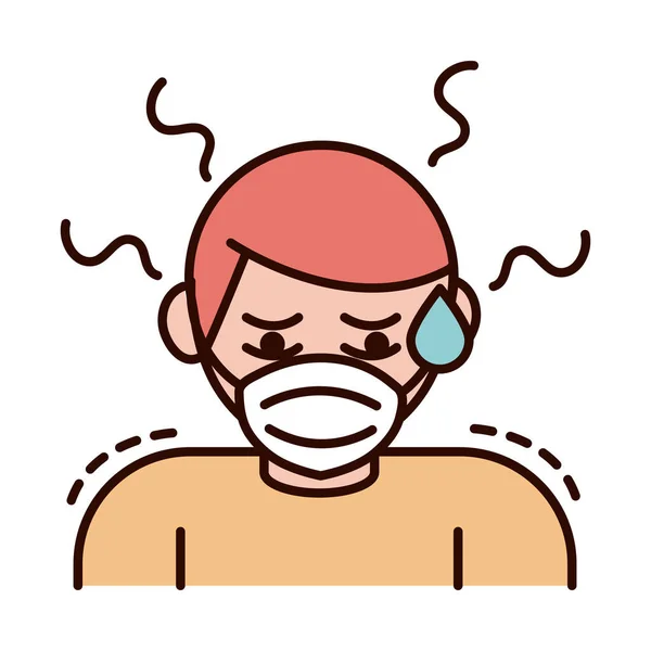 Covid 19 koronavirus prevence, muž s maskou a příznaky slabost horečka a bolest hlavy, linka a výplň styl ikony — Stockový vektor