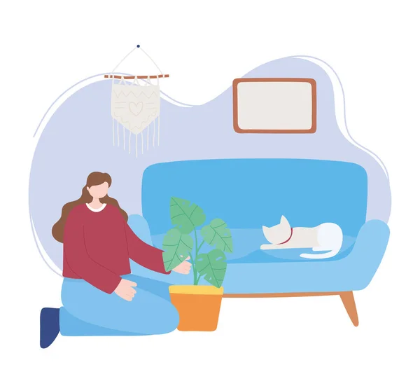 家にいなさい猫とソファを持つ女性隔離活動コロナウイルスの隔離活動 — ストックベクタ