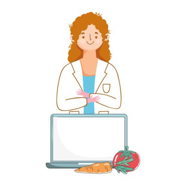 Diyetisyen doktor dizüstü bilgisayar domates ve havuç taze pazar organik sağlıklı yiyecekler meyve ve sebzeler