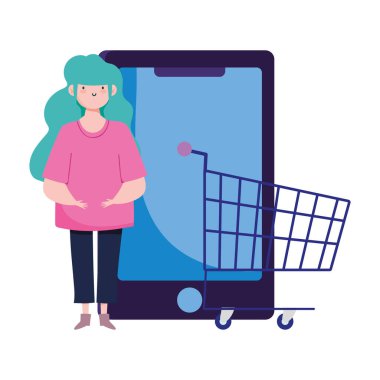 Çevrimiçi ödeme, kız alışveriş arabası akıllı telefon ecommerce market, mobil uygulama