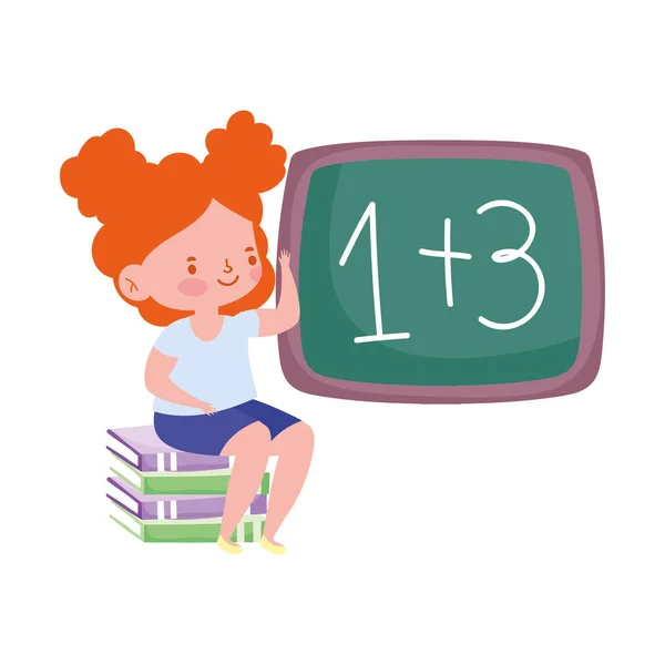 Escola menina estudante sentado em livros e desenhos animados quadro —  Vetores de Stock