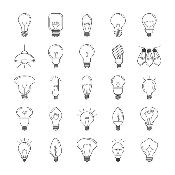 Glühbirne, Öko-Idee Metapher, isolierte Linie Stil Symbole gesetzt — Stockvektor