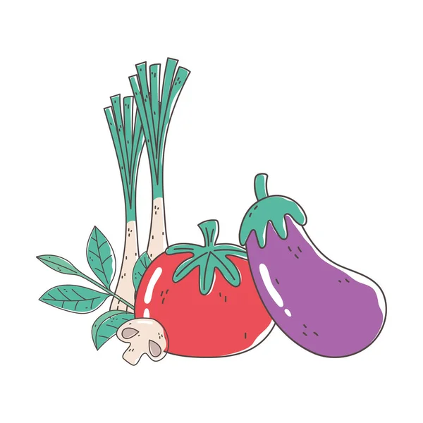 Баклажани помідори та цибуля свіжий ринок органічна здорова їжа з фруктами та овочами — стоковий вектор
