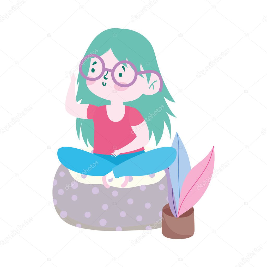 little girl with glasses sitting on cushion with plant decoration cartoon