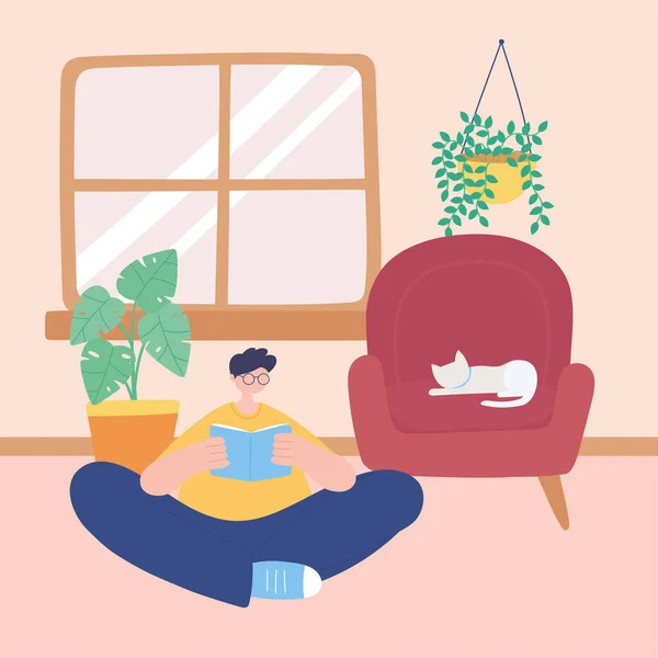Otthon maradni, fiatalember olvasás könyv macskával a széken a szobában, önelkülönítés, tevékenységek karanténban a koronavírus — Stock Vector