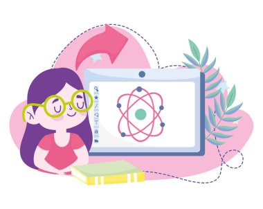 Online eğitim, öğrenci kız bilgisayar kitapları bilim molekülü, web sitesi ve mobil eğitim kursları