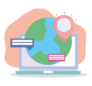Online eğitim, dizüstü bilgisayar dünya konumu sohbet baloncukları, web sitesi ve mobil eğitim kursları