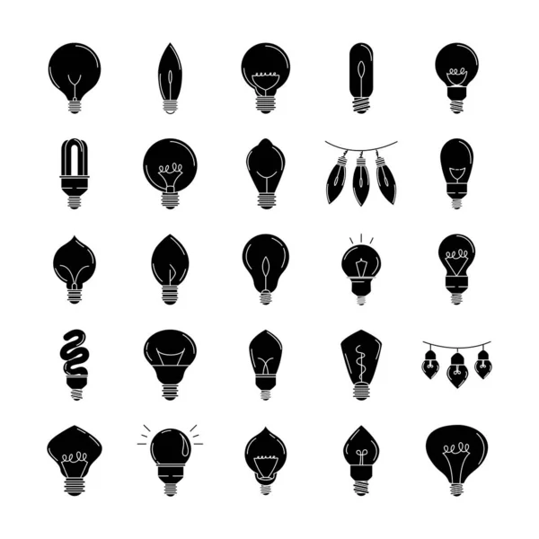 Bombilla eléctrica, metáfora de idea ecológica, conjunto de iconos de estilo de línea aislada — Vector de stock