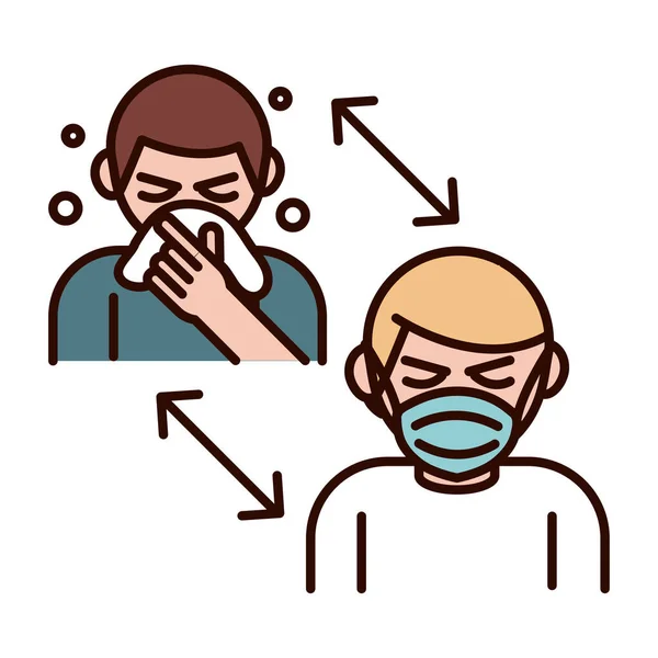 Covid 19 koronavirus prevence, lidé s maskou a suchým kašlem, šíření epidemie pandemické linie a výplň stylu ikony — Stockový vektor