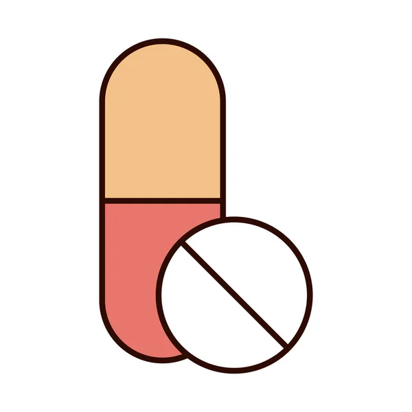 Covid 19 coronavirus preventie, medicatie recept capsule pil, verspreid uitbraak pandemische lijn en vul stijl pictogram — Stockvector