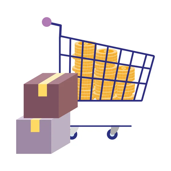 Płatność online, monety w pudełkach na zakupy, rynek e-commerce, aplikacja mobilna — Wektor stockowy