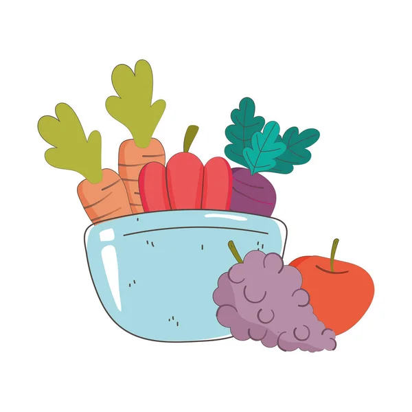 Tazón con zanahorias pimienta uvas y manzana alimentos orgánicos frescos saludables con frutas y verduras — Vector de stock