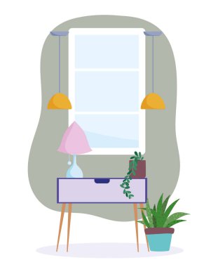 ev odası saksı bitkileri lamba mobilya dekorasyonlu iç tasarım