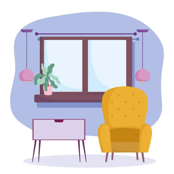 Casa habitación muebles mesa silla ventana con decoración de plantas diseño de interiores — Archivo Imágenes Vectoriales