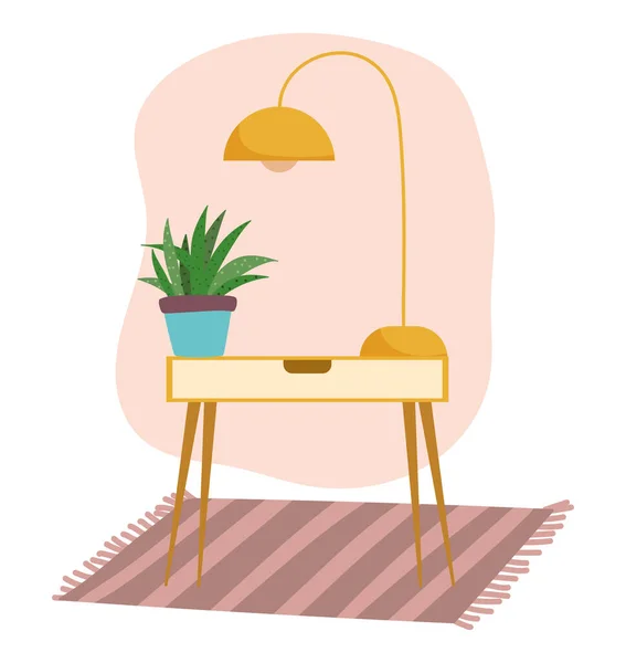 家居家具台灯、植物地毯装饰室内设计 — 图库矢量图片