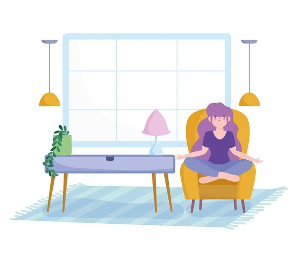 Pobyt w domu, dziewczyna uprawiająca jogę medytująca na krześle w pokoju, samoizolacja, działania w kwarantannie dla koronawirusów — Wektor stockowy