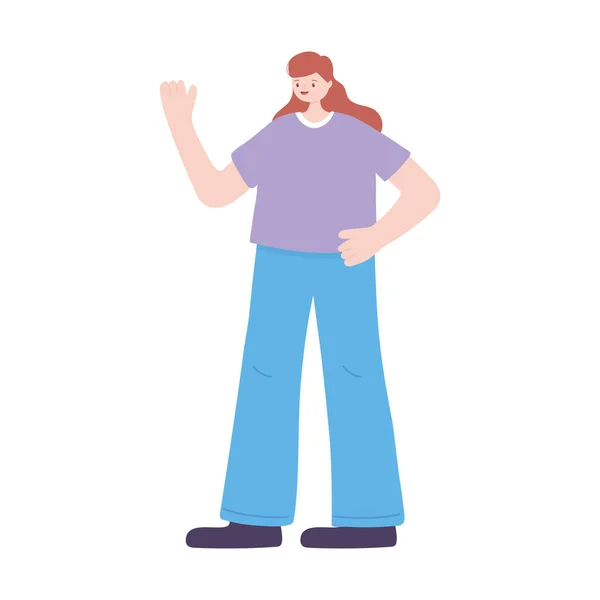 Personaje de mujer joven mujer de pie icono aislado diseño fondo blanco — Vector de stock