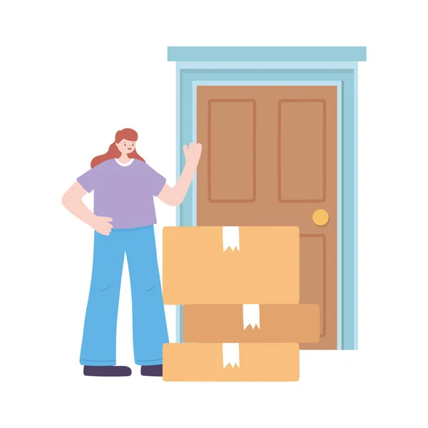 Covid-19 coronavirus pandemic, delivery service, customer woman with boxes in door home — Stock Vector