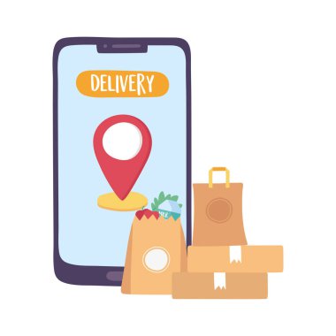 covid-19 koronavirüs salgını, teslimat servisi, akıllı telefon çevrimiçi sipariş kutuları ve market poşeti.