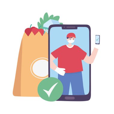 covid-19 koronavirüs salgını, teslimat servisi, işaretli akıllı telefonlu teslimatçı, koruyucu tıbbi maske.