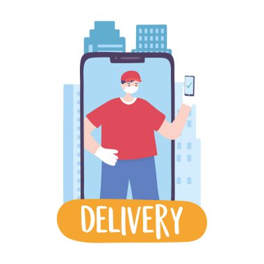 covid-19 koronavirüs salgını, teslimat servisi, cep telefonlu teslimatçı, koruyucu tıbbi maske takıyor.