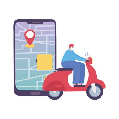 covid-19 koronavirüs salgını, teslimat servisi, teslimatçı scooter ve akıllı telefon navigasyon haritası, koruyucu tıbbi maske takın.