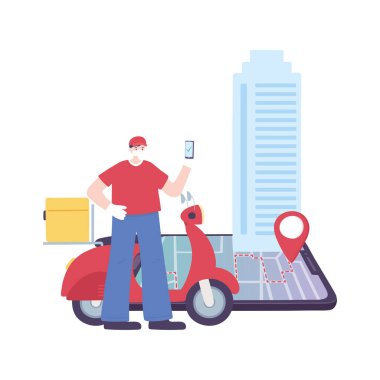 covid-19 koronavirüs salgını, teslimat servisi, GPS haritasında akıllı telefon scooterlı teslimatçı, koruyucu tıbbi maske takın.
