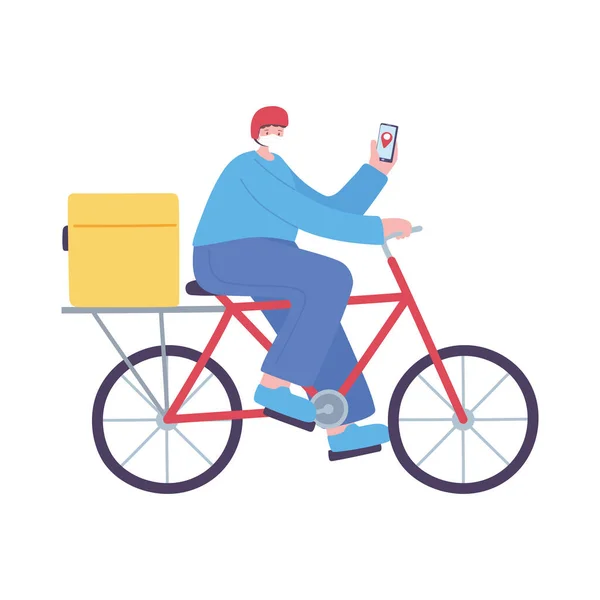 Delivery man riding bike with smartphone isolated icon design white background — Stock Vector