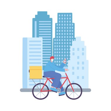 Covid-19 Coronavirus salgını, teslimat servisi, şehirde cep telefonlu bisikletli teslimatçı, koruyucu tıbbi maske takıyor.