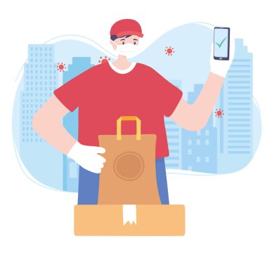 covid-19 koronavirüs salgını, teslimat servisi, akıllı telefon ve paketlerle teslimatçı, koruyucu tıbbi maske takın.