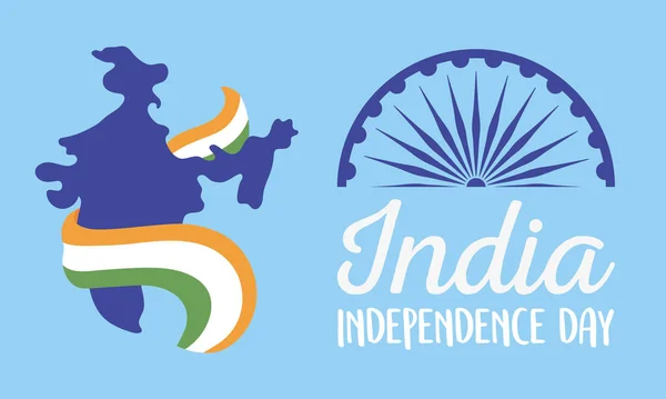 Heureux jour de l'indépendance Inde, carte avec drapeau événement roue nationale — Image vectorielle